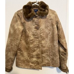 Denim & Co. Womens Small Brown‎ Gold Floral Faux Fur Collar Button Front Jacket